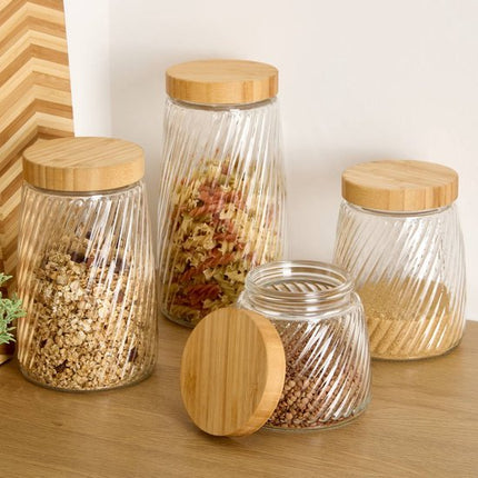 Voorraadpot Food Essentials Ventura - keuken - ribbel glas / bamboe - 1.3 liter - luchtdichte draaideksel - bewaarpotten - opslagpotten