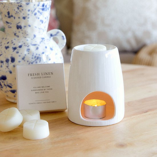 Homla - Fires Duftlampe - Aromabrenner - Inklusive Duftwachs - Duftverteiler - für Wohnzimmer & Badezimmer - Dekoration Geschenk - Keramik mit Wachs Fresh Linen - Weiß