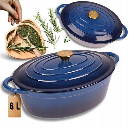 Hage - Braadpan - Geëmailleerde Gietijzeren Braadpan met Deksel - Oven & Inductie Geschikt - Voor Braden, Stoven en Ovenschotels - 6 Liters - 34 x 26 x 18 cm - Blauw