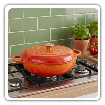 Hage - Braadpan - Lage Gietijzeren Braadpan met Deksel - Geëmailleerd - Oven & Inductie Geschikt - Voor Braden, Stoven en Ovenschotels - 3 Liters - 40.5 x 30 x 10.5 cm - Oranje