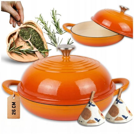 Hage - Broodbakvorm Gietijzer - Geëmailleerde Broodpan met Deksel - Voor Brood Bakken, Gratins & Stoofgerechten - Geschikt voor Gas, Inductie, Keramisch & Oven - Gelijkmatige Warmteverdeling - 2Liters - Ø26 x 16.5 cm - Oranje