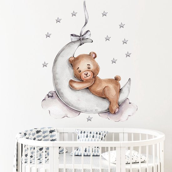 Sipo Wandsticker Beer op de Maan - Zelfklevende Ruimte Muurdecoratie voor Kinderkamer - 72 x 57 cm - Space Wandsticker met Sterren en Maan