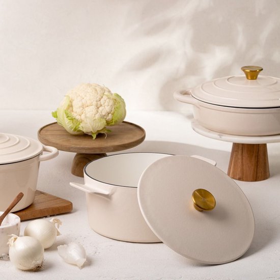Homla - Andreas Cast Iron Pot - Gietijzeren Braadpan - Inclusief Deksel – Geschikt voor Alle Warmtebronnen & Oven - 5L - Ø25 x 11.5 cm - Beige Mat