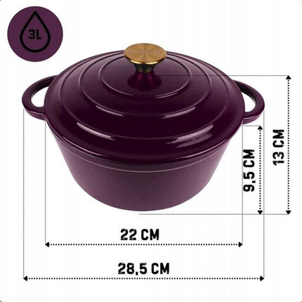 Hage - Gietijzeren Braadpan - Geëmailleerde Stoofpan met Deksel - Kookpan - Sudderpan - Bakpan - Inductie, Gas & Oven - 3 Liters - Ø22 x 13 cm - Aubergine Paars