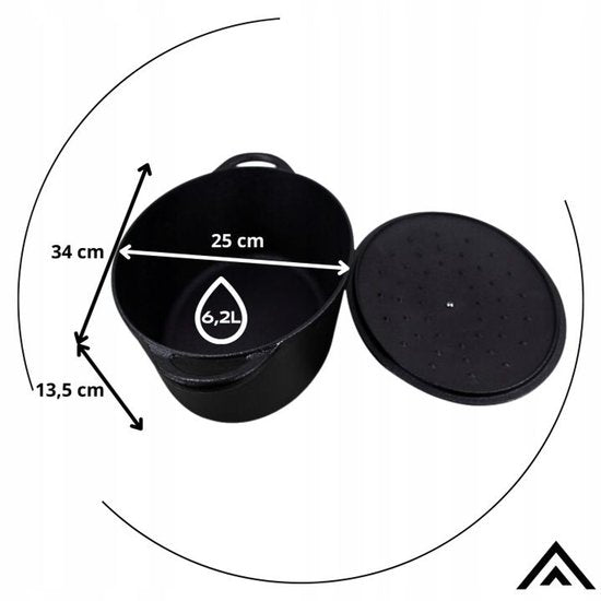 Hage - Braadpan - Gietijzeren Braadpan met Deksel - Voor Inductie, Gas, Oven, Grill en Vuur - 6. 2 Liters - 34 x 25 x 13,5 cm - Zwart