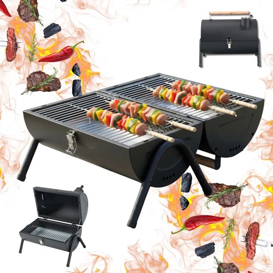KINGHoff Grill - Draagbare Houtskoolbarbecue Grill - Camping BBQ met Deksel - Opvouwbare Tafelgrill - Reis BBQ met Ventilatie - Compacte Barbecue voor Balkon & Camping - Gepoedercoat Staal - ca. 41 x 25 x 38 cm - Zwart