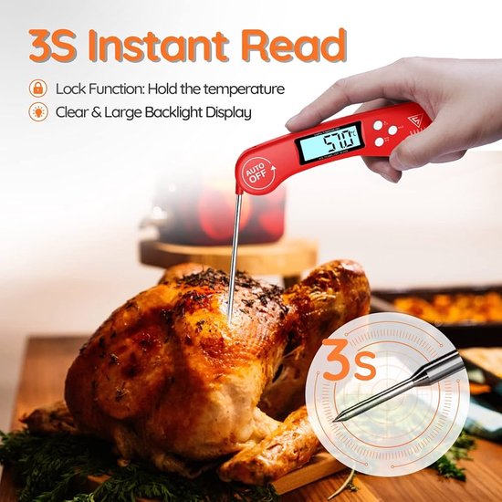 Kinghoff digitale thermometer voor keuken en BBQ – RVS-sonde, IP67, rood – foto 3