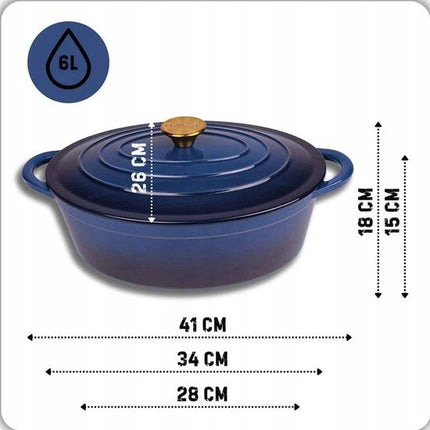 Hage - Braadpan - Geëmailleerde Gietijzeren Braadpan met Deksel - Oven & Inductie Geschikt - Voor Braden, Stoven en Ovenschotels - 6 Liters - 34 x 26 x 18 cm - Blauw