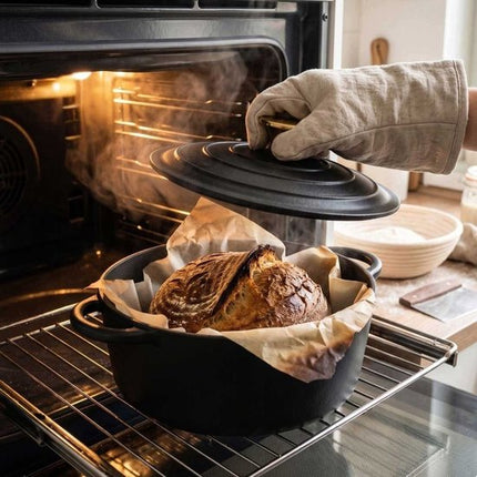 Hage - Kookpan - Gietijzeren Pot met Deksel - Geëmailleerd - Inductie & Oven Geschikt - Inclusief Mini Ovenhandschoenen & Onderzetter - Voor Braden, Stoven, Soep & Brood - 5 Liters - Ø26 cm - Mat Zwart