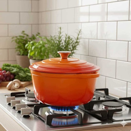 Hage - Kookpan - Gietijzeren Pot met Deksel - Geëmailleerd - Inductie & Oven Geschikt - Inclusief Mini Ovenhandschoenen & Onderzetter - Voor Braden, Stoven, Soep & Brood - 5 Liters - Ø26 cm - Oranje