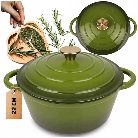 Hage - Gietijzeren Kookpot - Geëmailleerde Braadpan met Deksel - Stoofpan voor Inductie & Oven - Ovenvaste Kookpan - Inclusief Siliconen Pannenhouder & 2 Handvatten - 3 Liters - Ø22 x 13 cm - Olijfgroen