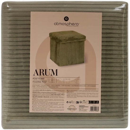 Atmosphera Hocker / Poef Essestial Ribcord - opvouwbaar - groen - MDF / polyester - 38 cm - met opbergruimte - extra zitplaatsen