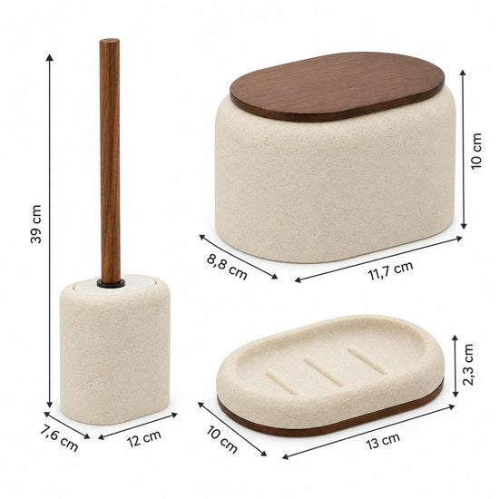 3-Delig Badkamer Accessoireset - Badkamerdecoratie - Badkamer Set - Toiletaccessoires - Wattenschijfjeshouder 10,2 cm - Toiletborstel 39 cm - Zeepschaal 13 cm - Zeepbakje - Polyresin - Beige