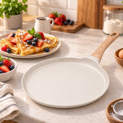 Hakal Crêpepan Ø24 cm – Pannenkoekenpan met Anti-aanbaklaag – Lage Rand – Houtlook Handgreep – Crème/Wit
