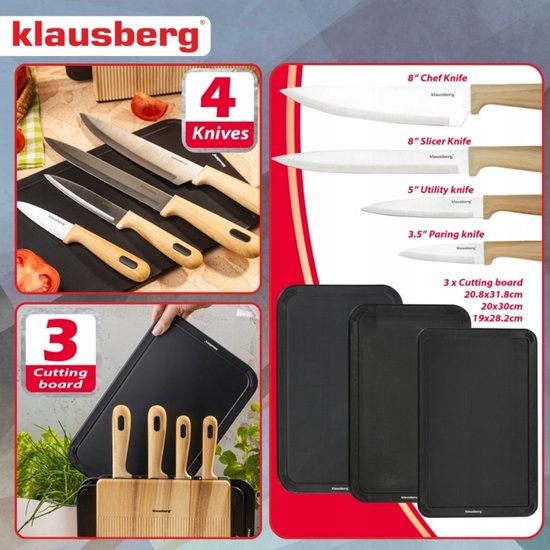 Klausberg - Messerset - 8-teilig - Küchenmesserset - Messerblock mit 4 Edelstahlmessern - 3 Schneidebretter - Küchenzubehör mit Schneidebrettern und Halterung - Schwarz und Naturfarbe