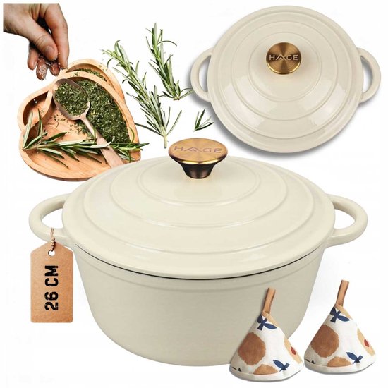 HAGE Gietijzeren Emaille Pan 26 cm 5L Crème