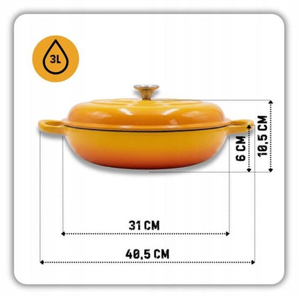 Hage - Braadpan - Lage Gietijzeren Braadpan met Deksel - Geëmailleerd - Oven & Inductie Geschikt - Voor Braden, Stoven en Ovenschotels - 3 Liters - 40.5 x 30 x 10.5 cm - Mosterdgeel