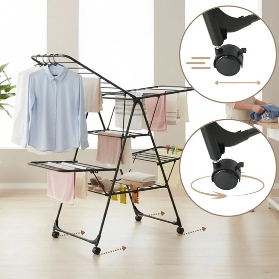 Kinghoff KH-2046 inklapbaar wasrek van staal met hangerrek en wielen, zwart, 157 cm