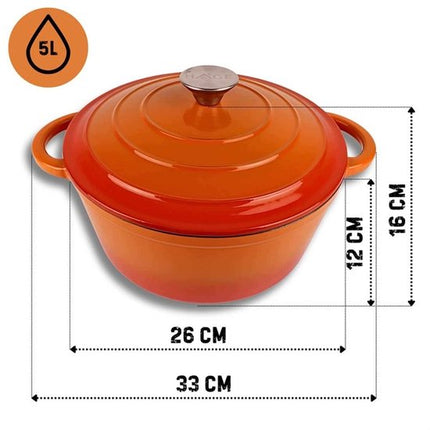 Hage - Kookpan - Gietijzeren Pot met Deksel - Geëmailleerd - Inductie & Oven Geschikt - Inclusief Mini Ovenhandschoenen & Onderzetter - Voor Braden, Stoven, Soep & Brood - 5 Liters - Ø26 cm - Oranje