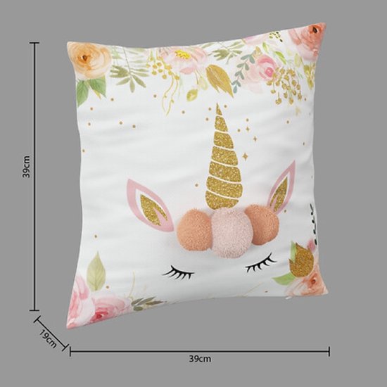 Unicorn Sierkussen -Kinderkussen met Pompoms - Set van 2 - Decoratief Kussen Meisjeskamer - Vierkant Speelkussen - 40x40 cm - Multicolor
