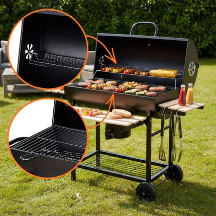 Grote Houtskoolbarbecue op Wielen met Deksel, Thermometer en Verstelbare Roosters – Ideaal voor de Tuin