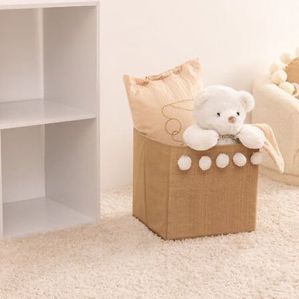 Opbergdoos - Pompom Opbergdoos - Set van 2 - Opvouwbare Opbergbox - Jute Look - Vierkant - Cardboard / PP - 29 x 29 cm - Karamel Bruin
