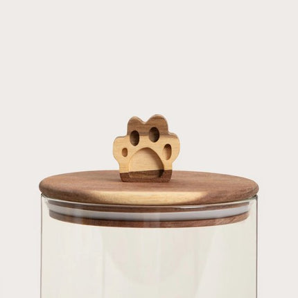 Homla - Animali Hondensnack Bewaarpot - Dierenvoer Voorraadpot met Pootafdruk - Glazen Snoeppot voor Honden - Snackpot met Houten Deksel - 1.7 Liter - Glas en Hout - Ø13 x 21 cm - Transparant