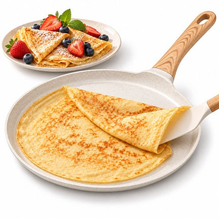 Hakal Crêpepan Ø24 cm – Pannenkoekenpan met Anti-aanbaklaag – Lage Rand – Houtlook Handgreep – Crème/Wit