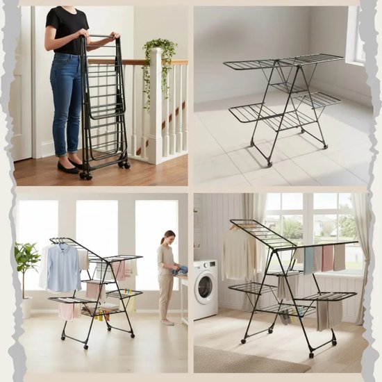 Kinghoff KH-2046 inklapbaar wasrek van staal met hangerrek en wielen, zwart, 157 cm