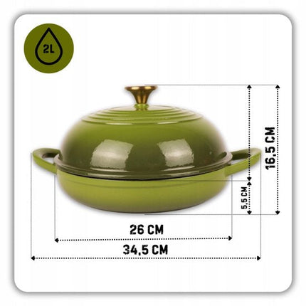 Hage - Gietijzeren Broodpan - Geëmailleerde Bakpan met Deksel - Voor Zelfgebakken Brood & Ovenschotels - Inductie, Gas & Ovenbestendig - Inclusief Pannenhouder & Handbeschermers - 2L - Ø26 x 16.5 cm - Olijfgroen