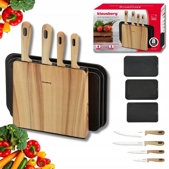Klausberg - Messerset - 8-teilig - Küchenmesserset - Messerblock mit 4 Edelstahlmessern - 3 Schneidebretter - Küchenzubehör mit Schneidebrettern und Halterung - Schwarz und Naturfarbe