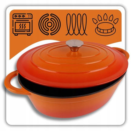 Hage - Braadpan - Geëmailleerde Gietijzeren Braadpan met Deksel - Oven & Inductie Geschikt - Voor Braden, Stoven en Ovenschotels - 6 Liters - 34 x 26 x 18 cm - Oranje