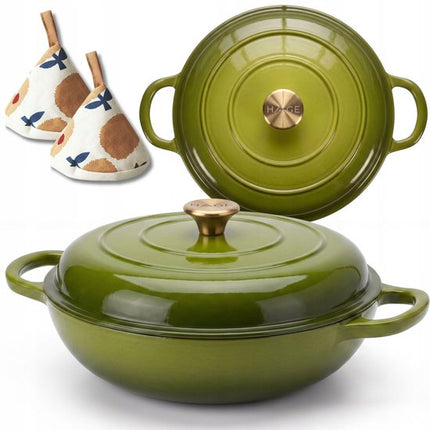 Hage - Braadpan - Lage Gietijzeren Braadpan met Deksel - Geëmailleerd - Oven & Inductie Geschikt - Voor Braden, Stoven en Ovenschotels - 3 Liters - 40.5 x 30 x 10.5 cm - Olijfgroen