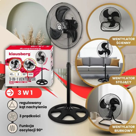 Klausberg 3-in-1 staande ventilator – ook tafel- en wandventilator, Ø 45 cm – foto 5