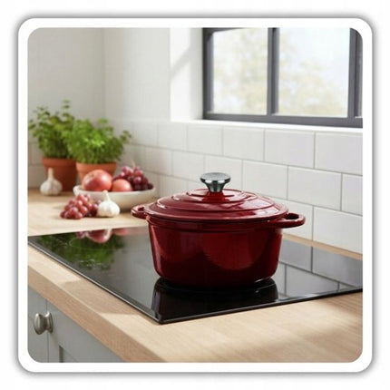 Hage - Braadpan - Geëmailleerde Gietijzeren Braadpan - Casserole - Geschikt voor Inductie, Gas & Oven - Inclusief Pannenonderzetter & Handgreepbeschermers - 4 Liter - Ø24 x 12 cm - Rood