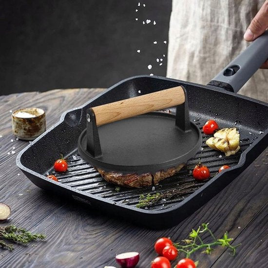 Kinghoff KH-1759 gietijzeren hamburgerpers – houten handvat, Ø 18 cm – foto 3