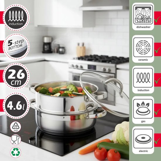 Klausberg - Stoompan - 3-delige RVS Stoomkookset - Stoominzet - Glazen Deksel - Inductie - Gas - Elektrisch - RVS - 4. 6 Liters - 26 cm - Zilver
