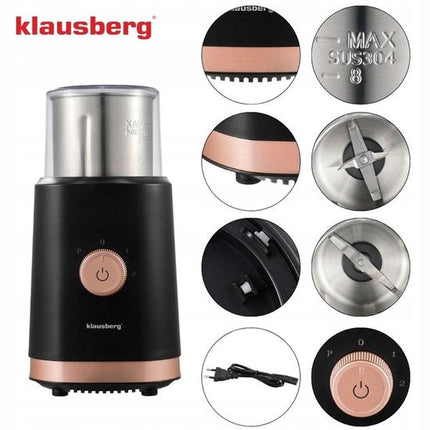 KLAUSBERG KB-7992 Elektrische 2-in-1 Koffie- en Kruidenmolen – 200W – RVS Bekers – Droog & Nat Malen – 3 Snelheden – 80g Capaciteit – zwart/Koper