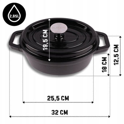 Hage - Gietijzeren Braadpan - Braadpan - Cast Iron Casserole met Deksel - Geëmailleerd - Geschikt voor Inductie & Oven - 2.85 Liter - 25.5 x 19.5 x 12.5 cm - Zwart