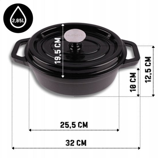 Hage - Gietijzeren Braadpan - Braadpan - Cast Iron Casserole met Deksel - Geëmailleerd - Geschikt voor Inductie & Oven - 2. 85 Liter - 25,5 x 19,5 x 12,5 cm - Zwart