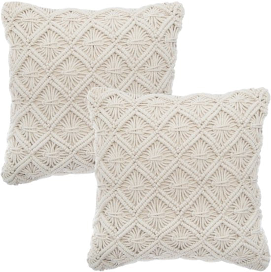 Bankkussen - Sierkussen - Macramé Kussen - Set van 2 - Zomer Kussens - voor Woonkamer & Slaapkamer - Boho Decoratief Kussenhoes - Vierkant - 40x40 cm - Beige