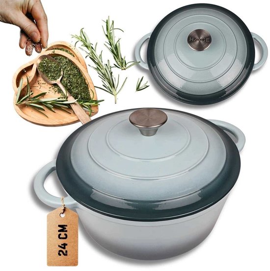 Hage - Kookpan - Gietijzeren Pot met Deksel - Geëmailleerd - Inductie & Oven Geschikt - Inclusief Mini Ovenhandschoenen & Onderzetter - Voor Braden, Stoven, Soep & Brood - 4 Liters - Ø24 cm - Mintgroen