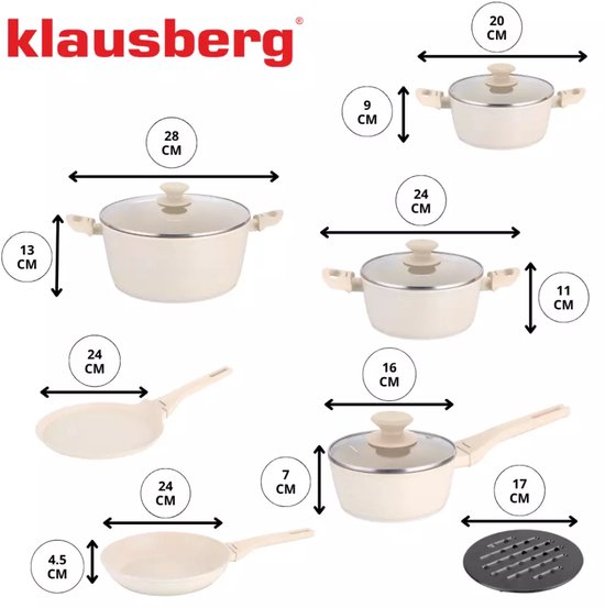 Klausberg - Pannenset - 12-delig - Anti Aanbak Pannen - Aluminium - Inductie Geschikt - Crème