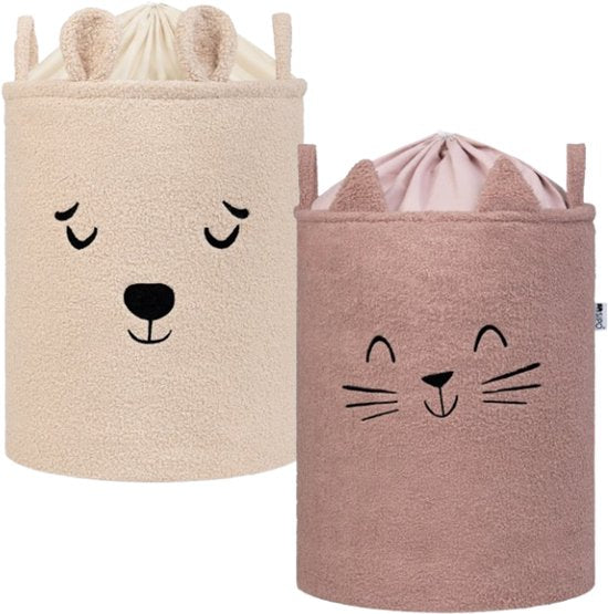 SIPO Speelgoedmand - Premium Bouclé-Editie - Opbergbak - Opbergmand - Met Drawstring Sluiting - Set van 2 - Beige Beer & Roze Kat Design - Voor Speelgoed - Kleding - Textiel - XL - 43 Liters - 35 x 35 x 45 cm - Beige & Roze