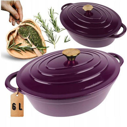 Hage - Braadpan - Geëmailleerde Gietijzeren Braadpan met Deksel - Oven & Inductie Geschikt - Voor Braden, Stoven en Ovenschotels - 6 Liters - 34 x 26 x 18 cm - Paars