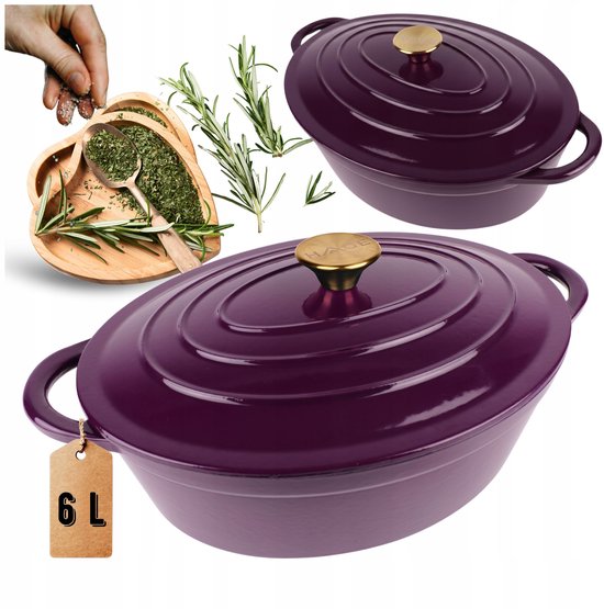 Hage - Braadpan - Geëmailleerde Gietijzeren Braadpan met Deksel - Oven & Inductie Geschikt - Voor Braden, Stoven en Ovenschotels - 6 Liters - 34 x 26 x 18 cm - Paars