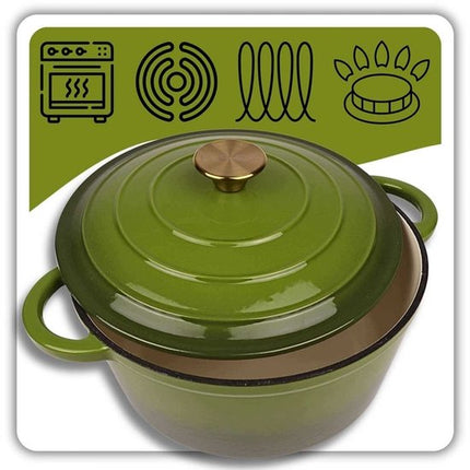 Hage - Kookpan - Gietijzeren Pot met Deksel - Geëmailleerd - Inductie & Oven Geschikt - Inclusief Mini Ovenhandschoenen & Onderzetter - Voor Braden, Stoven, Soep & Brood - 5 Liters - Ø26 cm - Olijfgroen