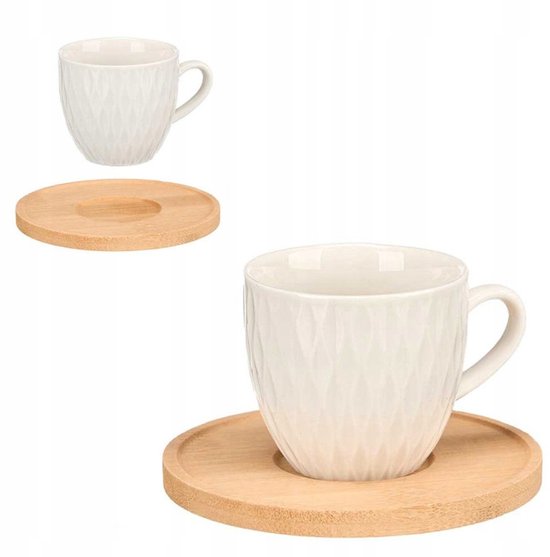 Koffieservies Set - Luxe Servies Set - Kop en Schotel Set - Koffiekopjes met Bamboe Schotels - Espresso Kopjes - voor 6 Personen - Porselein - 90ml - 6.3 x 5.5 x 8.5 cm - Crème