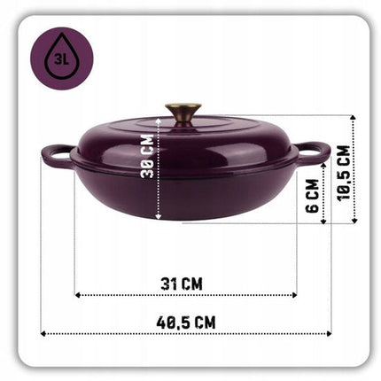 Hage - Braadpan - Lage Gietijzeren Braadpan met Deksel - Geëmailleerd - Oven & Inductie Geschikt - Voor Braden, Stoven en Ovenschotels - 3 Liters - 40.5 x 30 x 10.5 cm - Auberginepaars