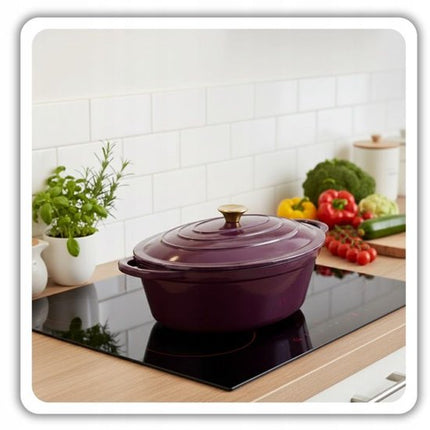 Hage - Braadpan - Geëmailleerde Gietijzeren Braadpan met Deksel - Oven & Inductie Geschikt - Voor Braden, Stoven en Ovenschotels - 6 Liters - 34 x 26 x 18 cm - Paars
